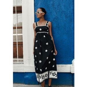 Zara Black Midi Dress with White Floral Embroidery